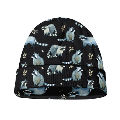 Watercolor Raccoon Pattern Print Beanie