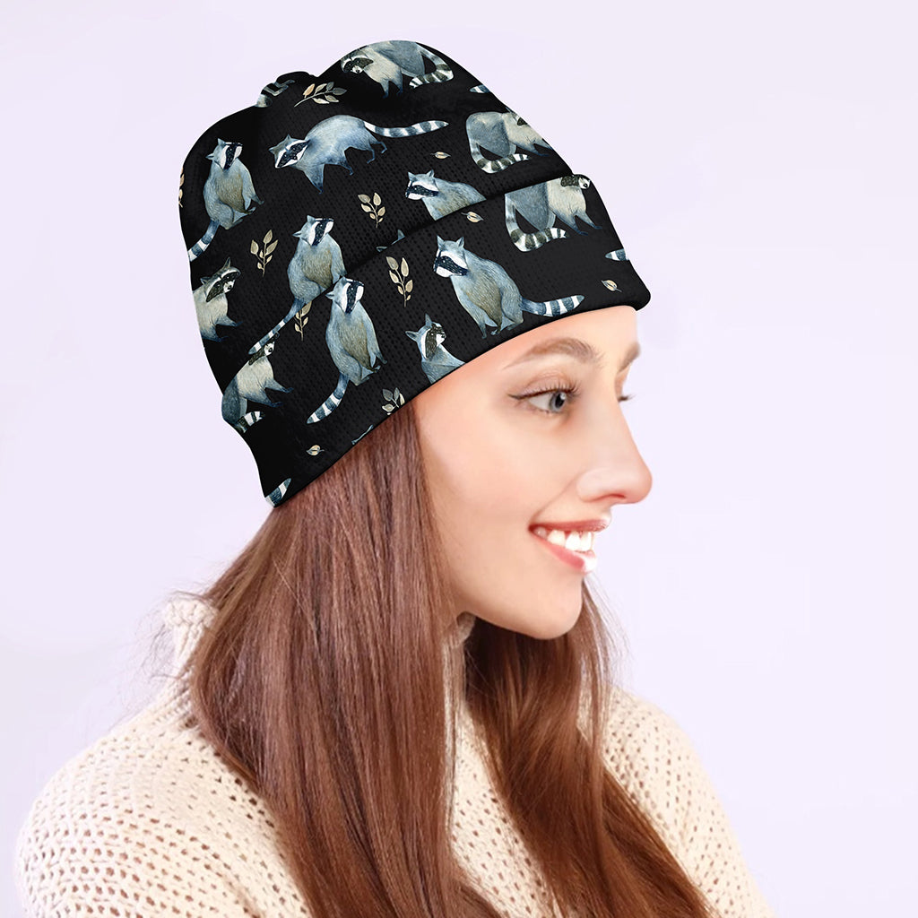Watercolor Raccoon Pattern Print Beanie