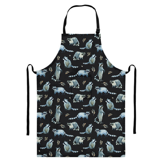 Watercolor Raccoon Pattern Print Bib Apron With Pocket