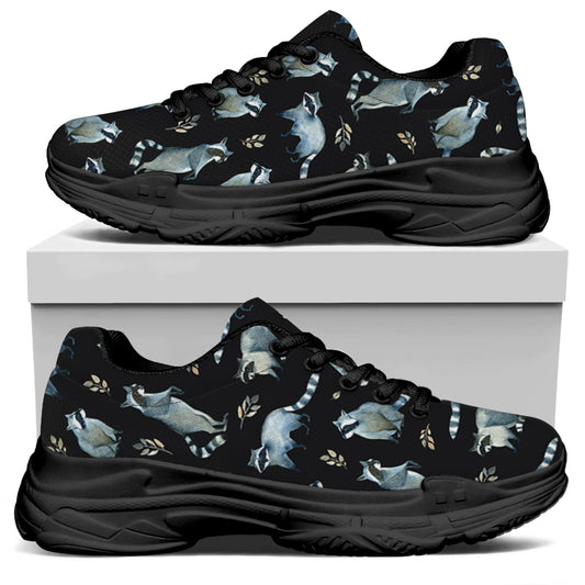 Watercolor Raccoon Pattern Print Black Chunky Shoes