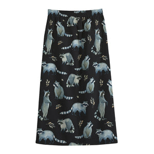 Watercolor Raccoon Pattern Print Cotton Front Slit Maxi Skirt