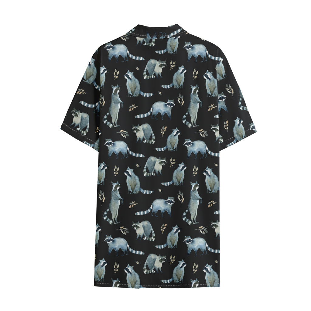 Watercolor Raccoon Pattern Print Cotton Hawaiian Shirt