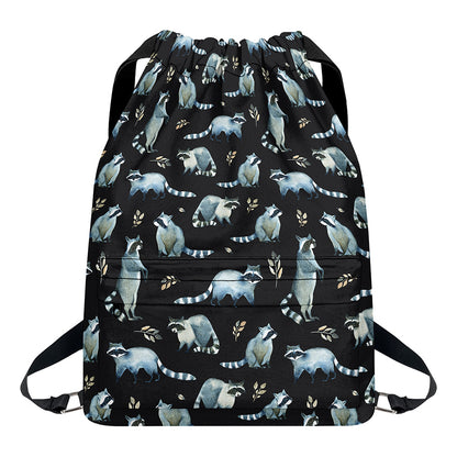 Watercolor Raccoon Pattern Print Drawstring Backpack