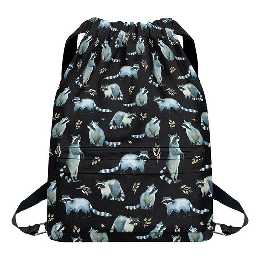 Watercolor Raccoon Pattern Print Drawstring Backpack