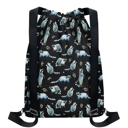 Watercolor Raccoon Pattern Print Drawstring Backpack