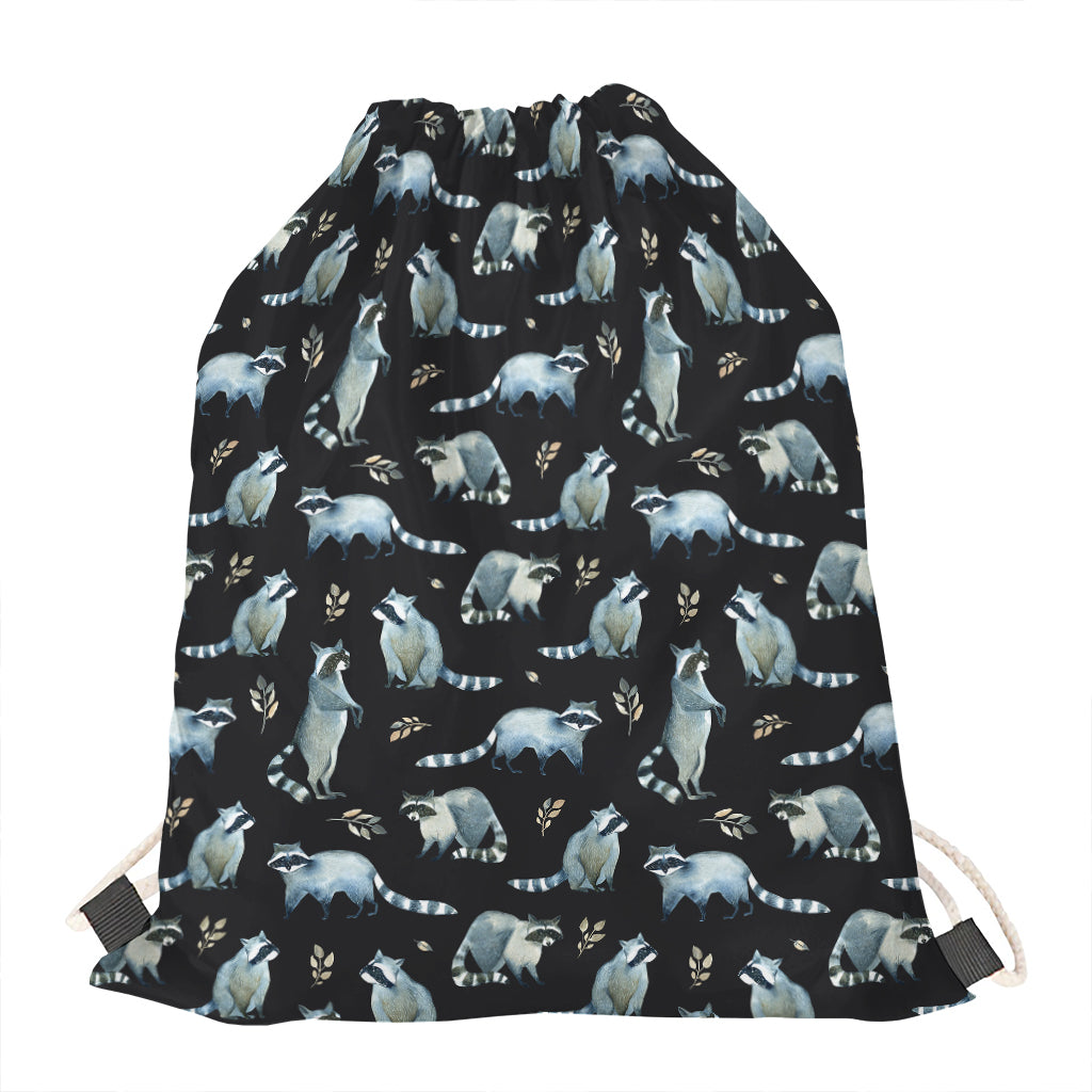 Watercolor Raccoon Pattern Print Drawstring Bag