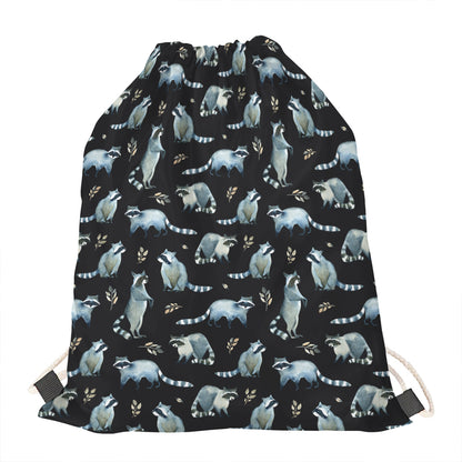 Watercolor Raccoon Pattern Print Drawstring Bag