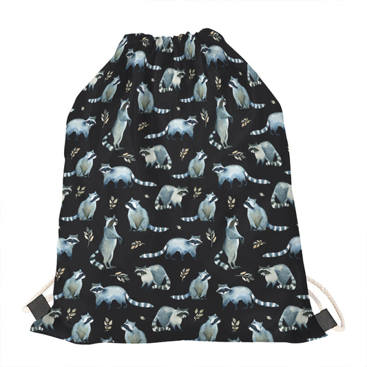 Watercolor Raccoon Pattern Print Drawstring Bag