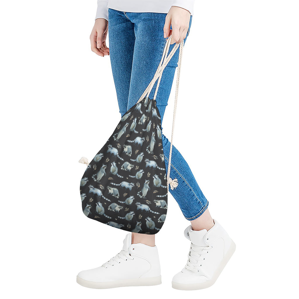 Watercolor Raccoon Pattern Print Drawstring Bag