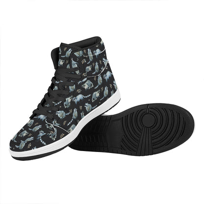 Watercolor Raccoon Pattern Print High Top Leather Sneakers