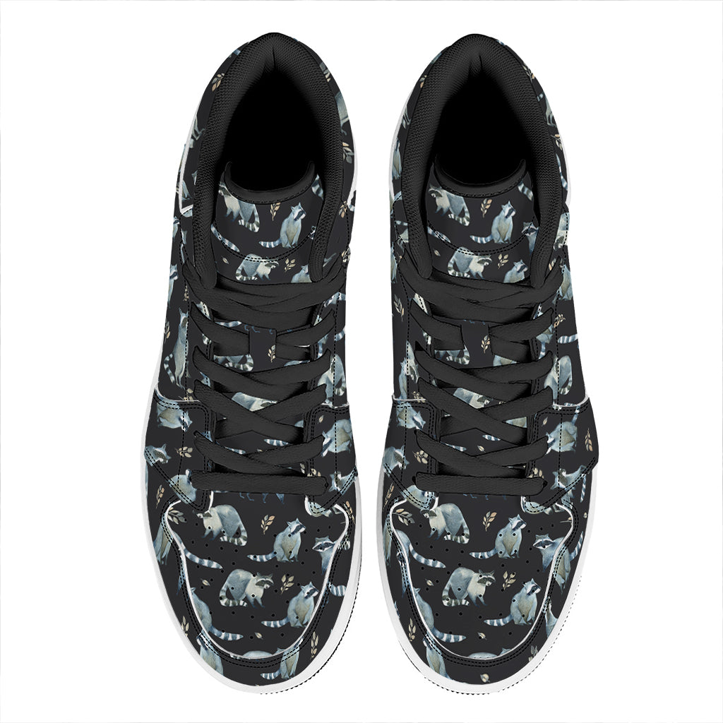 Watercolor Raccoon Pattern Print High Top Leather Sneakers