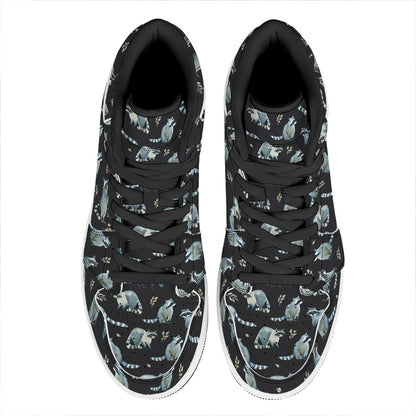 Watercolor Raccoon Pattern Print High Top Leather Sneakers