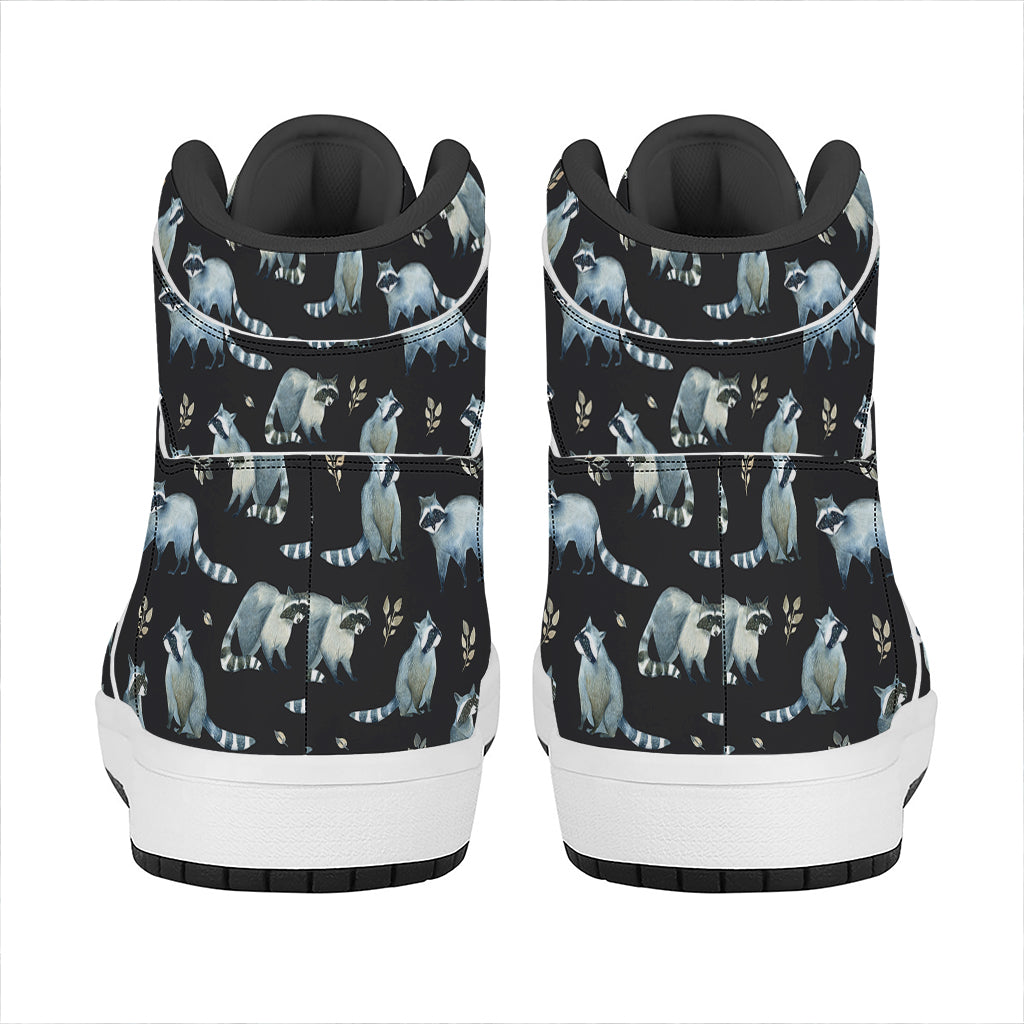 Watercolor Raccoon Pattern Print High Top Leather Sneakers