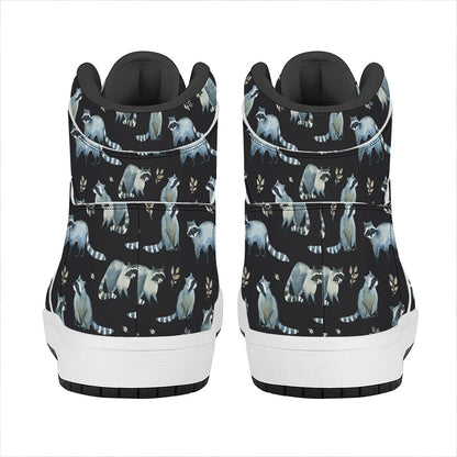 Watercolor Raccoon Pattern Print High Top Leather Sneakers