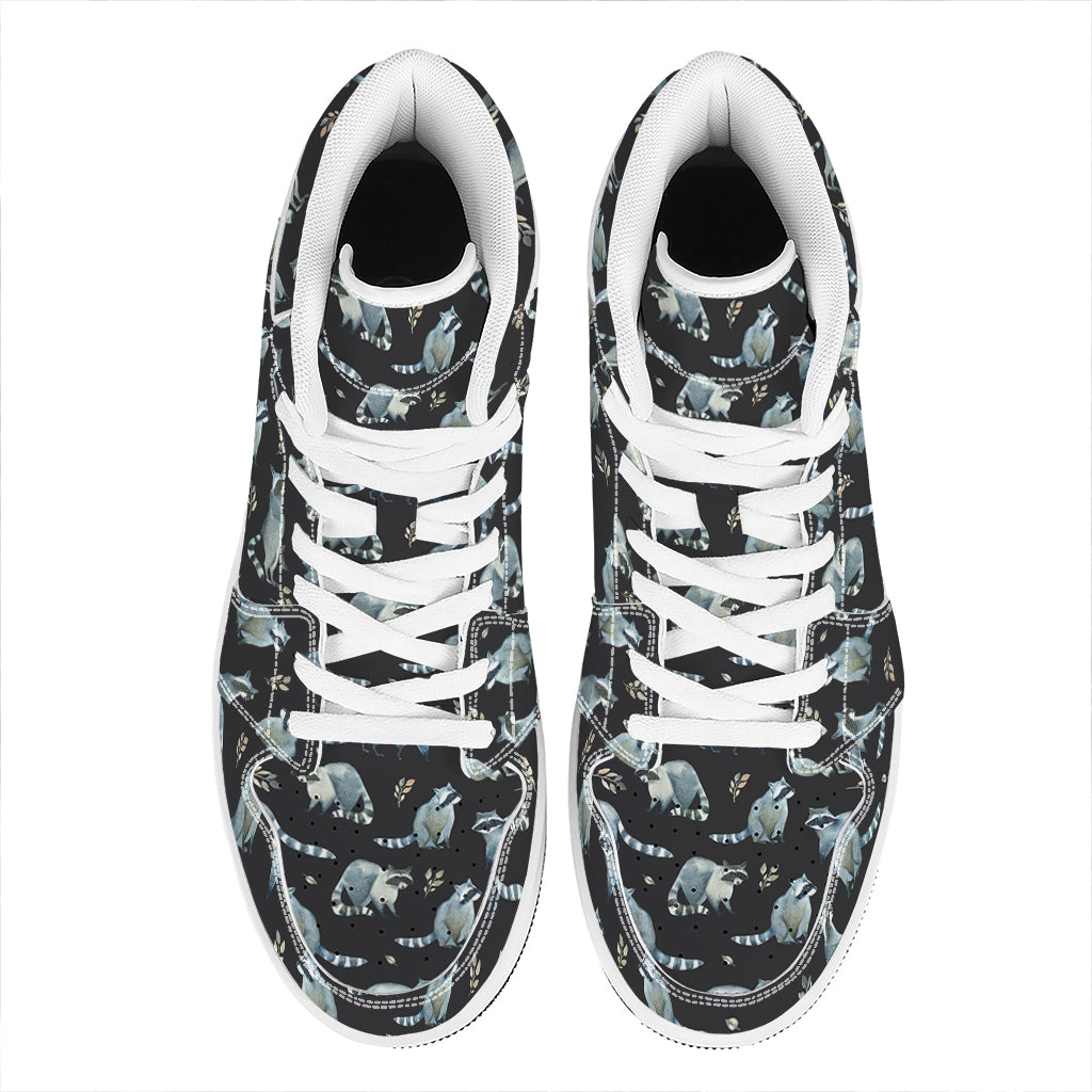 Watercolor Raccoon Pattern Print High Top Leather Sneakers