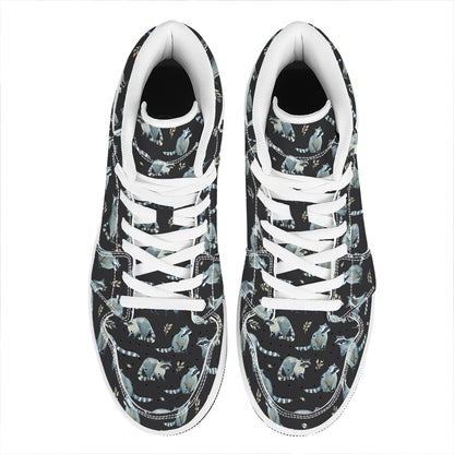 Watercolor Raccoon Pattern Print High Top Leather Sneakers