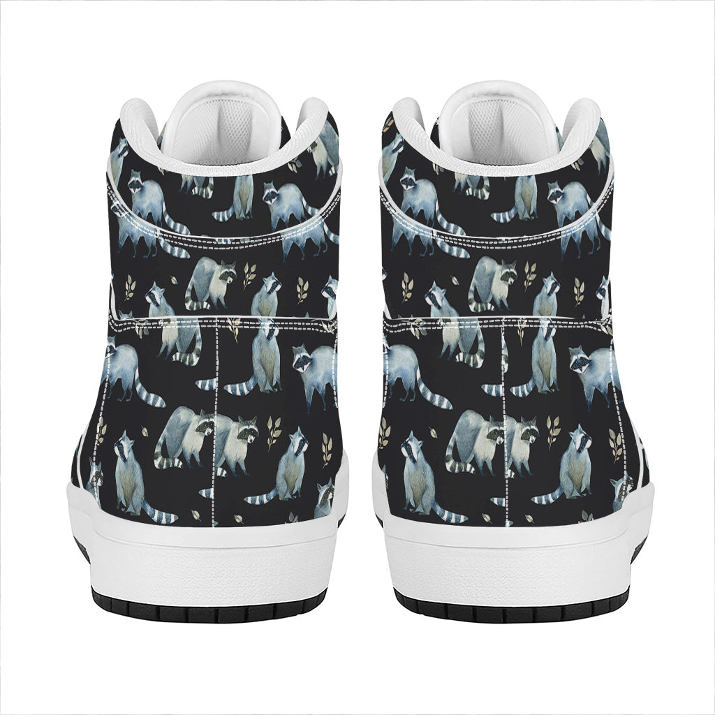 Watercolor Raccoon Pattern Print High Top Leather Sneakers