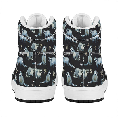 Watercolor Raccoon Pattern Print High Top Leather Sneakers