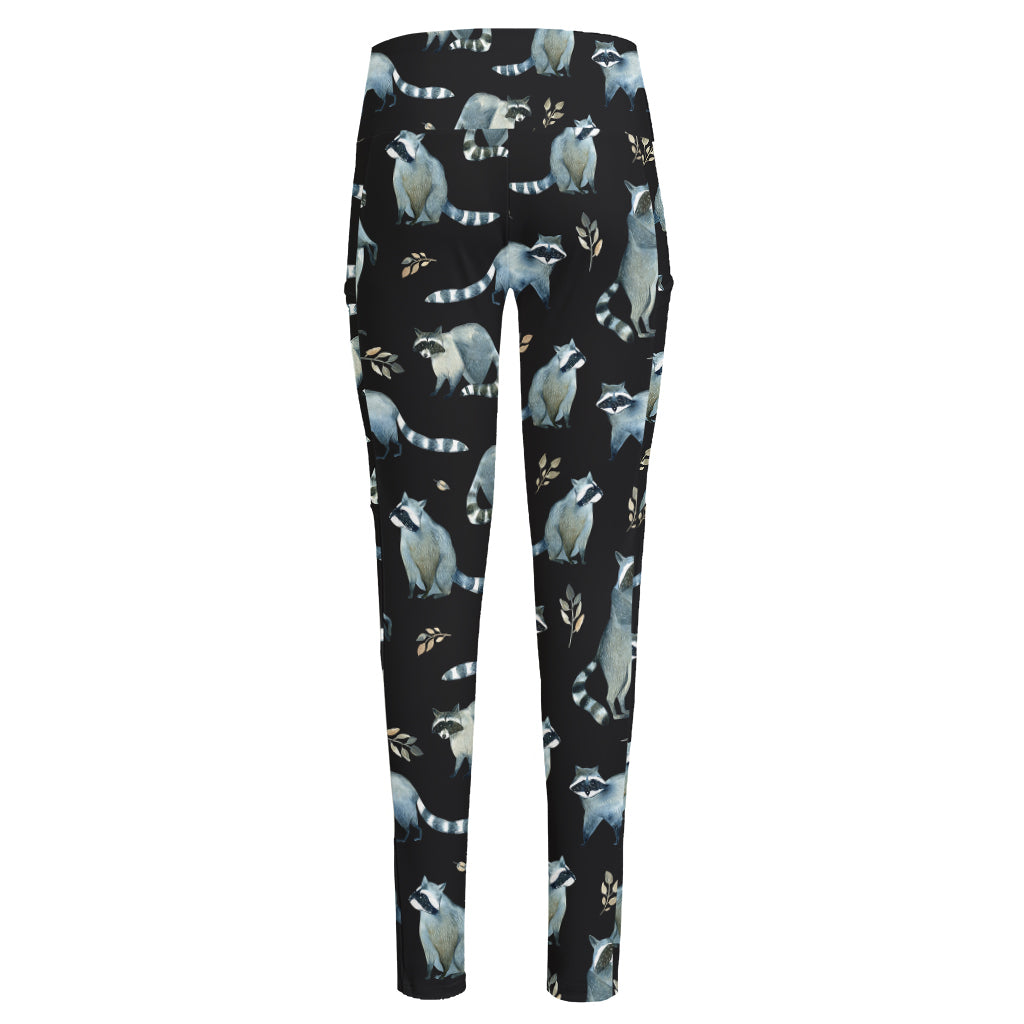 Watercolor Raccoon Pattern Print High-Waisted Pocket Leggings