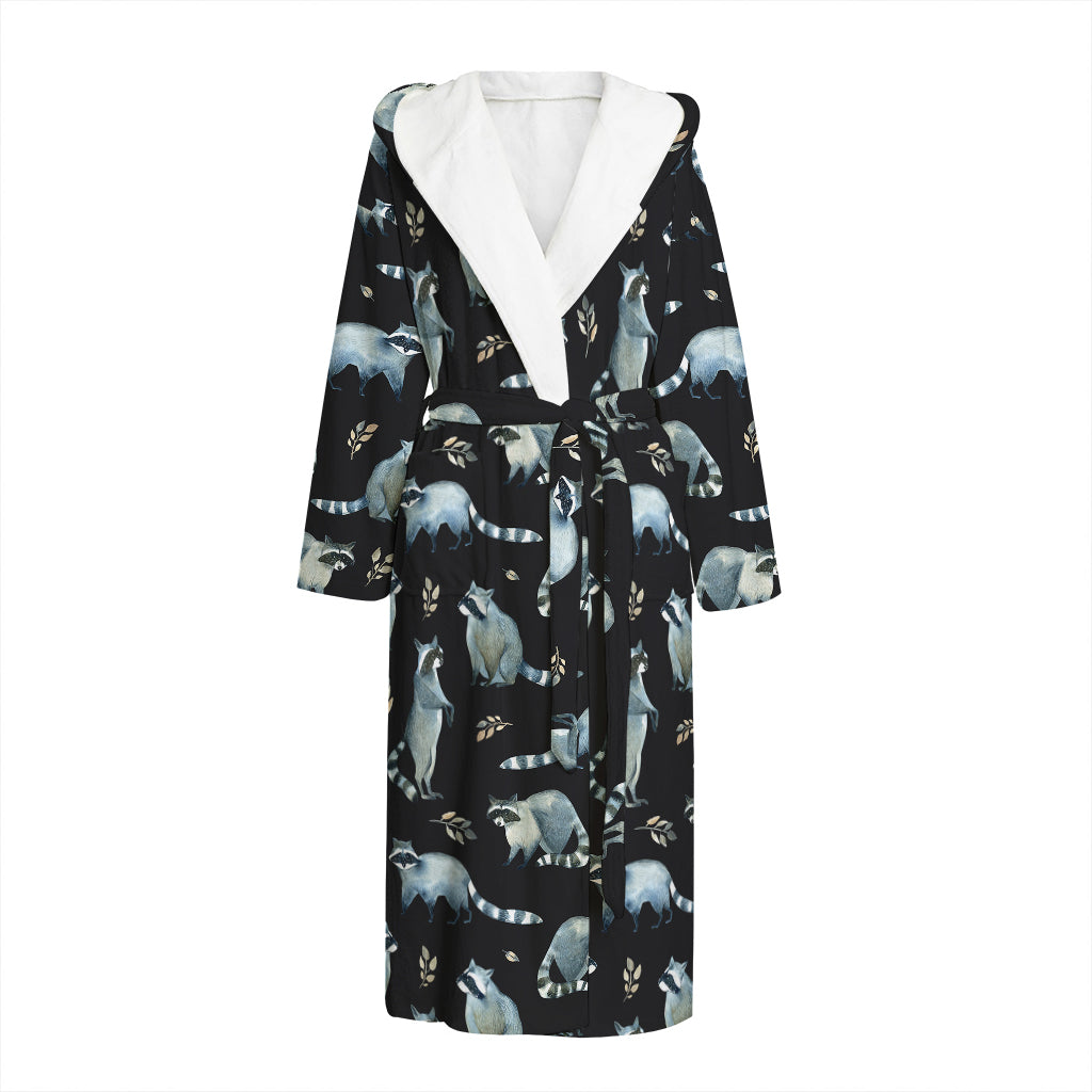 Watercolor Raccoon Pattern Print Hooded Bathrobe