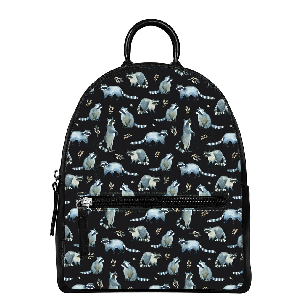 Watercolor Raccoon Pattern Print Leather Backpack