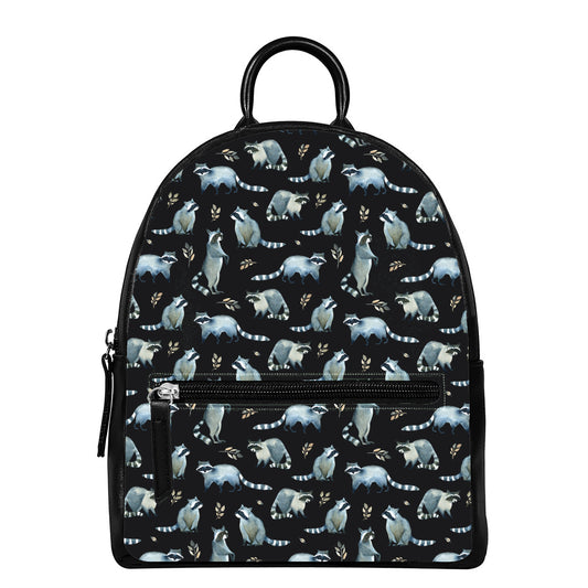 Watercolor Raccoon Pattern Print Leather Backpack