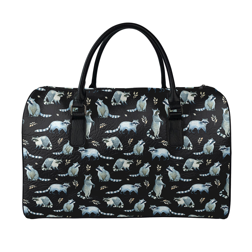 Watercolor Raccoon Pattern Print Leather Duffle Bag