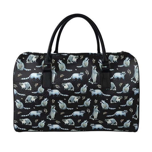 Watercolor Raccoon Pattern Print Leather Duffle Bag