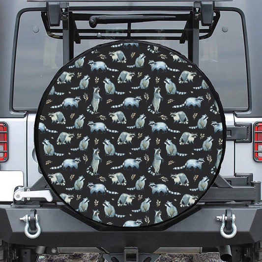 Watercolor Raccoon Pattern Print Leather Spare Tire Cover