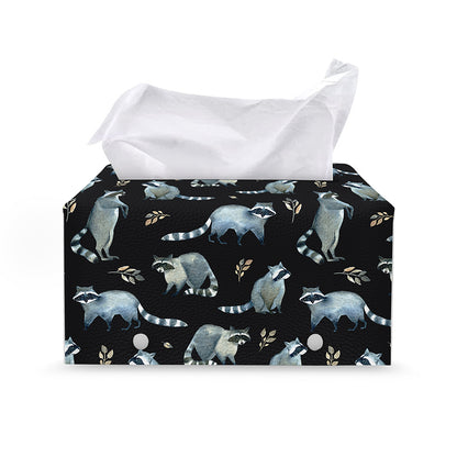 Watercolor Raccoon Pattern Print Leather Tissue Box Cover