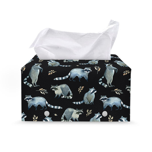 Watercolor Raccoon Pattern Print Leather Tissue Box Cover