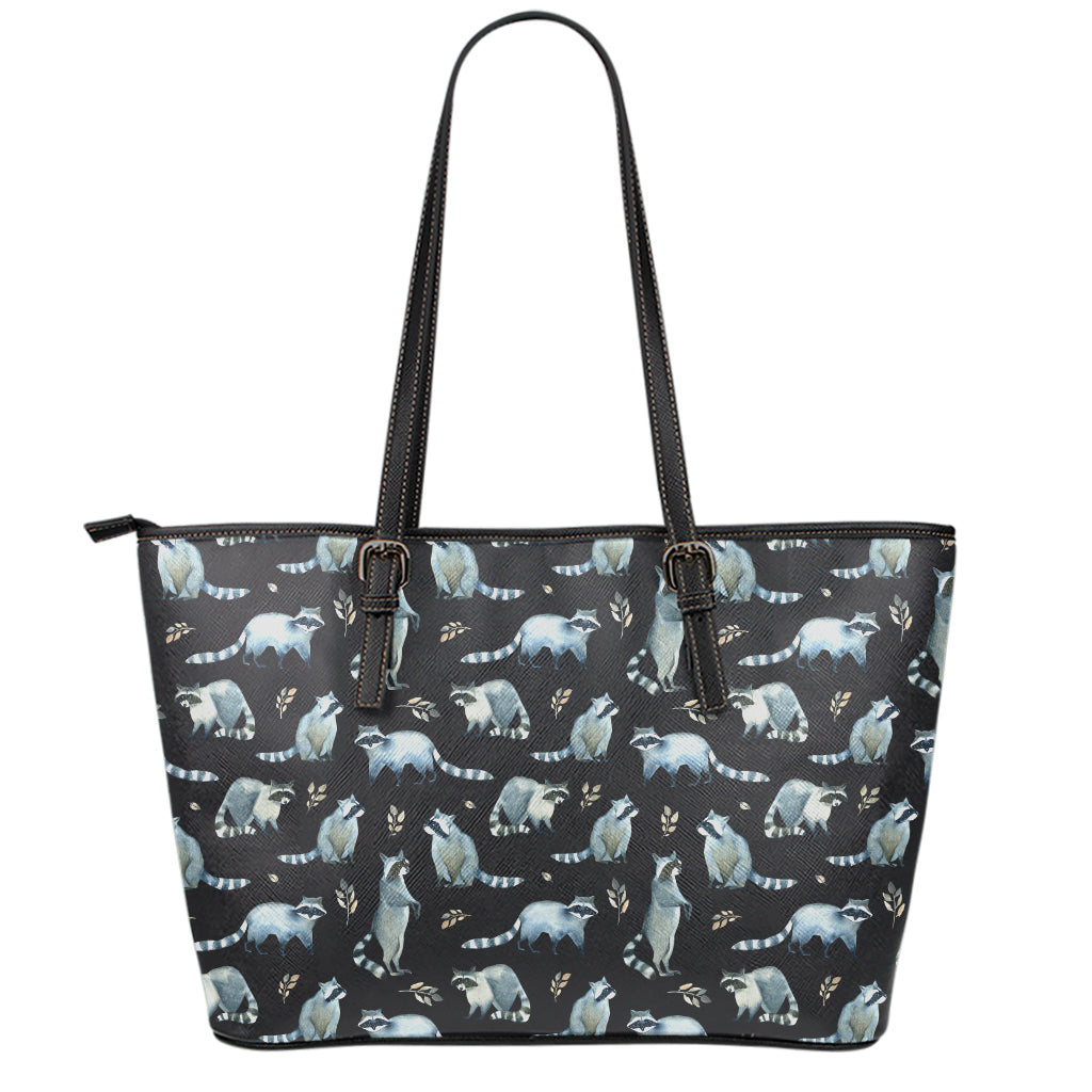 Watercolor Raccoon Pattern Print Leather Tote Bag