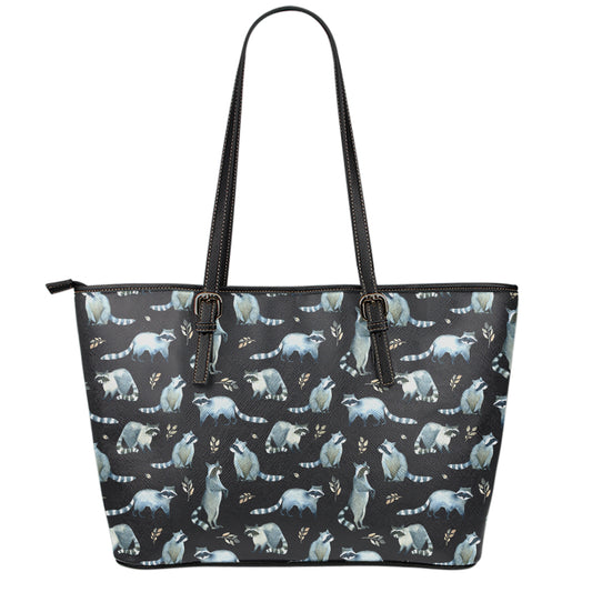 Watercolor Raccoon Pattern Print Leather Tote Bag