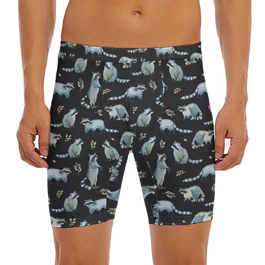 Watercolor Raccoon Pattern Print Men's Long Boxer Briefs
