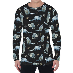 Watercolor Raccoon Pattern Print Men's Long Sleeve T-Shirt