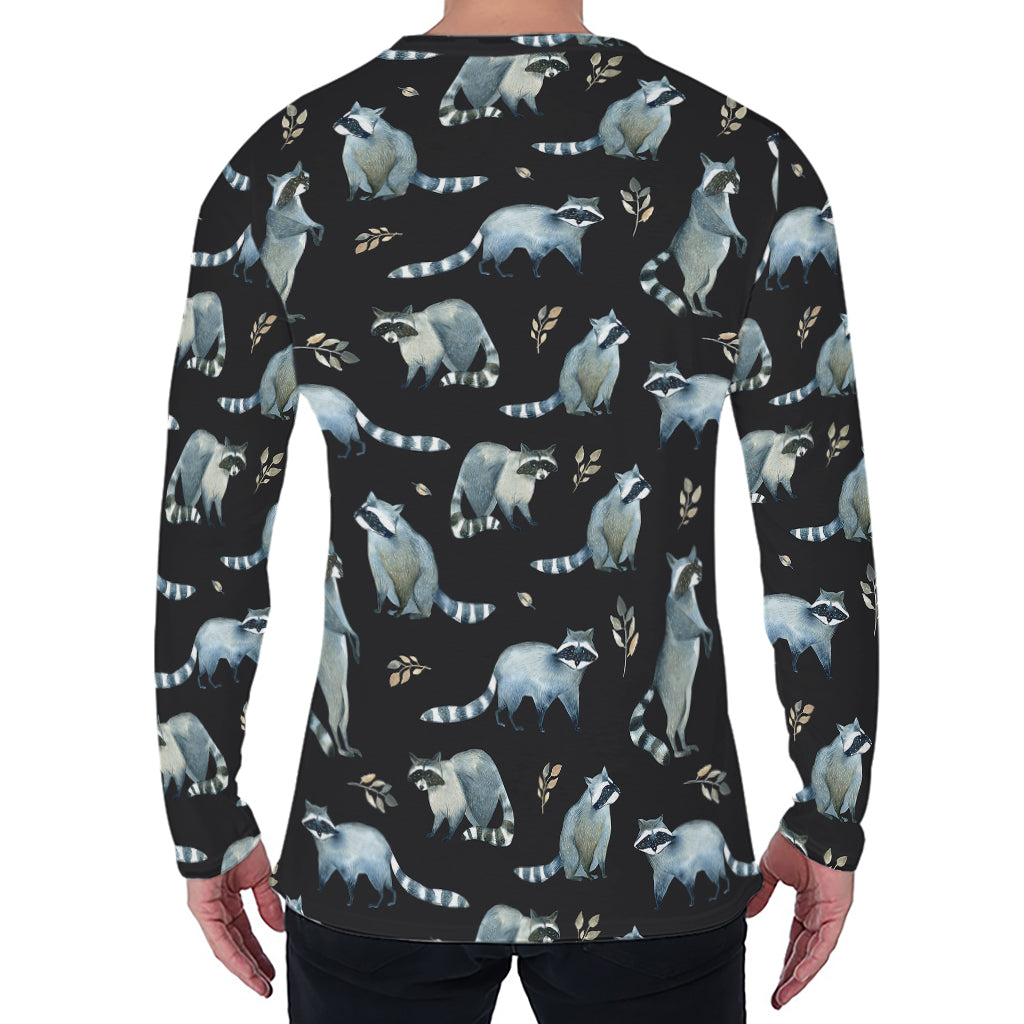 Watercolor Raccoon Pattern Print Men's Long Sleeve T-Shirt
