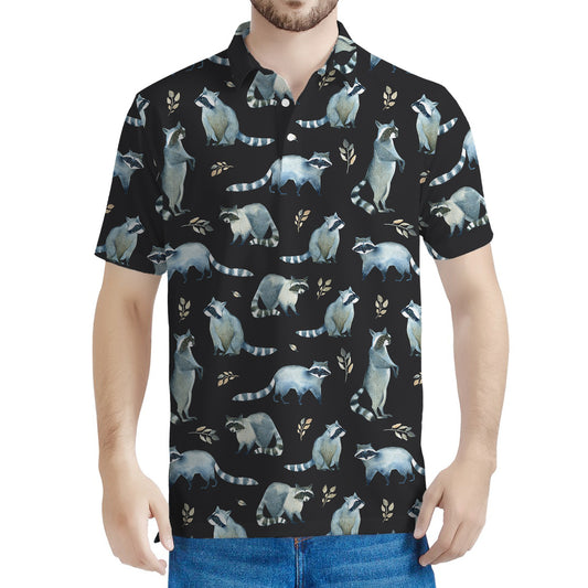 Watercolor Raccoon Pattern Print Men's Polo Shirt