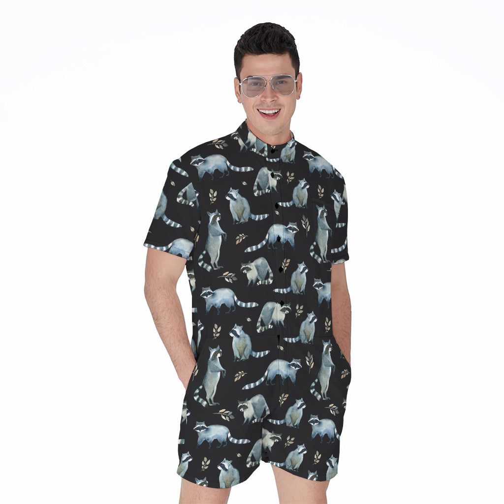 Watercolor Raccoon Pattern Print Men's Rompers