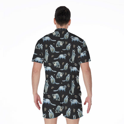Watercolor Raccoon Pattern Print Men's Rompers