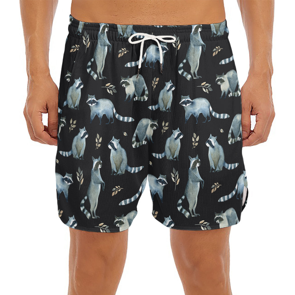 Watercolor Raccoon Pattern Print Men's Split Running Shorts