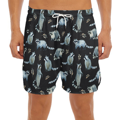 Watercolor Raccoon Pattern Print Men's Split Running Shorts