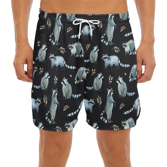 Watercolor Raccoon Pattern Print Men's Split Running Shorts