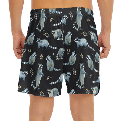 Watercolor Raccoon Pattern Print Men's Split Running Shorts