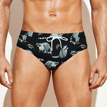 Watercolor Raccoon Pattern Print Men's Swim Briefs