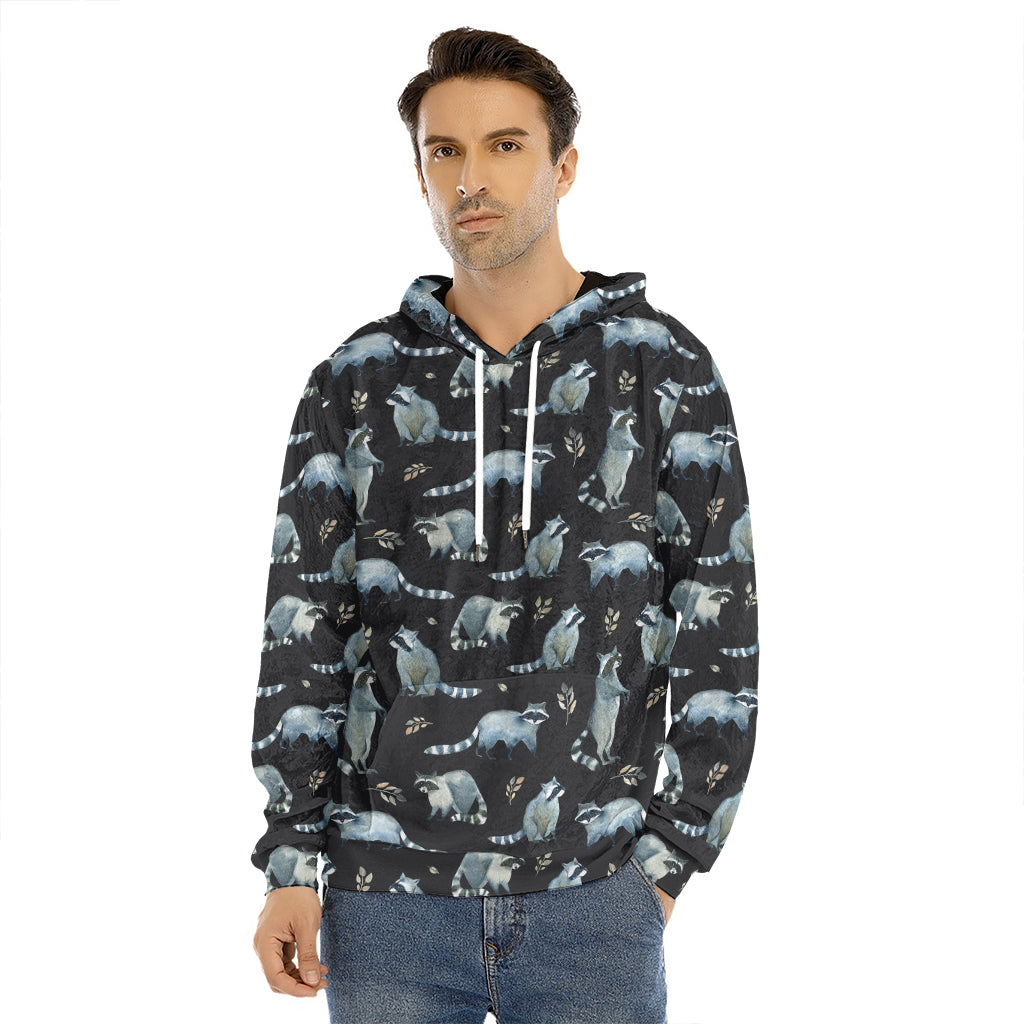 Watercolor Raccoon Pattern Print Men's Velvet Pullover Hoodie