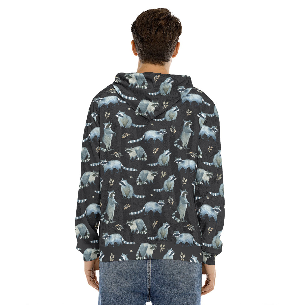 Watercolor Raccoon Pattern Print Men's Velvet Pullover Hoodie