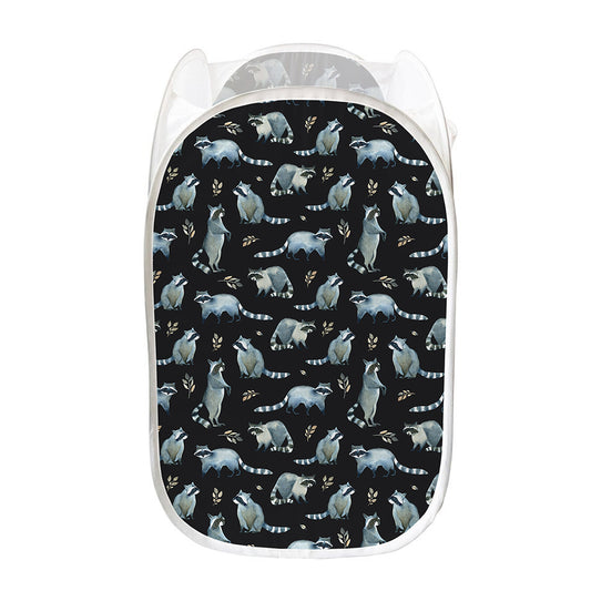Watercolor Raccoon Pattern Print Mesh Laundry Hamper