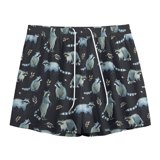 Watercolor Raccoon Pattern Print Mesh Shorts