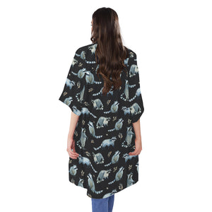 Watercolor Raccoon Pattern Print Open Front Beach Cover Up