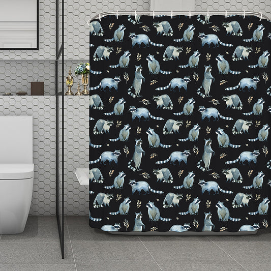 Watercolor Raccoon Pattern Print Polyester Shower Curtain